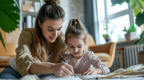 Mutter unterstützt Kind beim Lernen